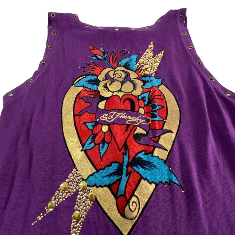 Vtg ED HARDY Christian Audiger Women Sleeveless Painted Dress Sz M Purple‎ 68-3